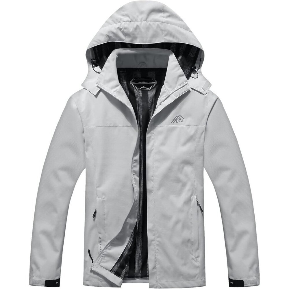 Mens Grey Lightweight Waterproof Hooded Rain Jacket Outdoor Hiking Shell
